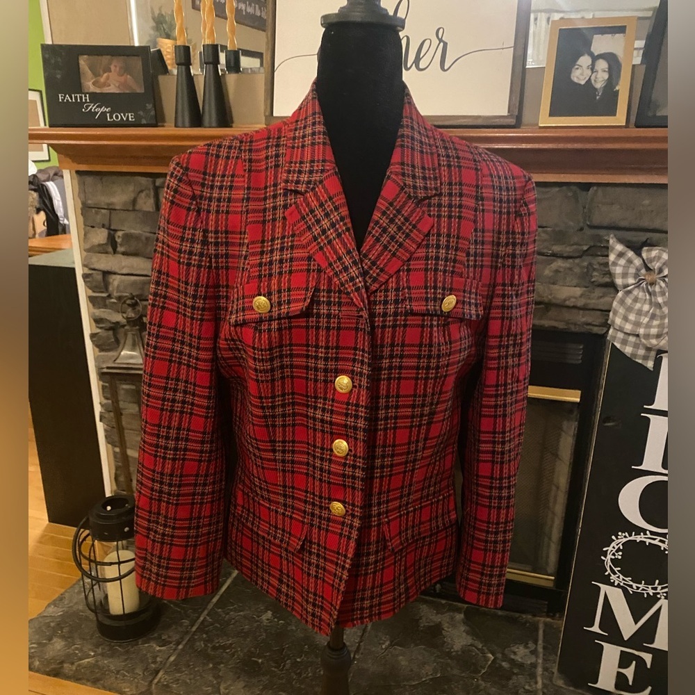 VTG Pendleton Red Tartan Plaid Wool Blazer with Gold Buttons 12